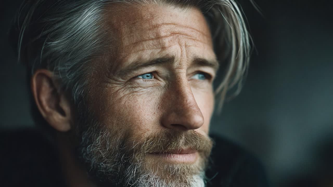 Un ritratto riflessivo che cattura la profondità di emozione e pensosità in un uomo maturo con capelli argentati e una barba distintiva, a significare saggezza ed esperienza.