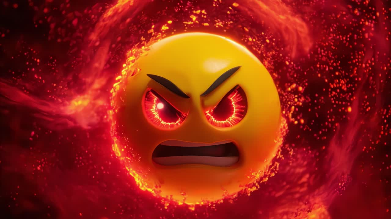 Intense Emoji in Fiery Swirl: A Dynamic Render of an Angry Yellow Face with Intense Eyes Surrounded by Vibrant Red Energy, Perfectly Capturing Emotion in a Surreal Design