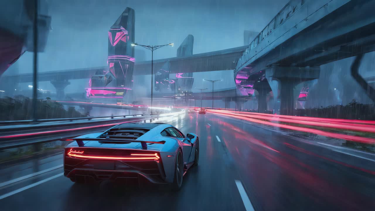 Futuristic Cityscape with Cars on Highway at Night
