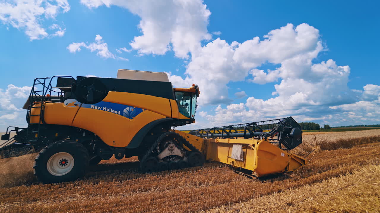 Side view of the yellow combine harvester on the field. Modern harvester machine gathering ripe wheat under the blue sky. Close-up.