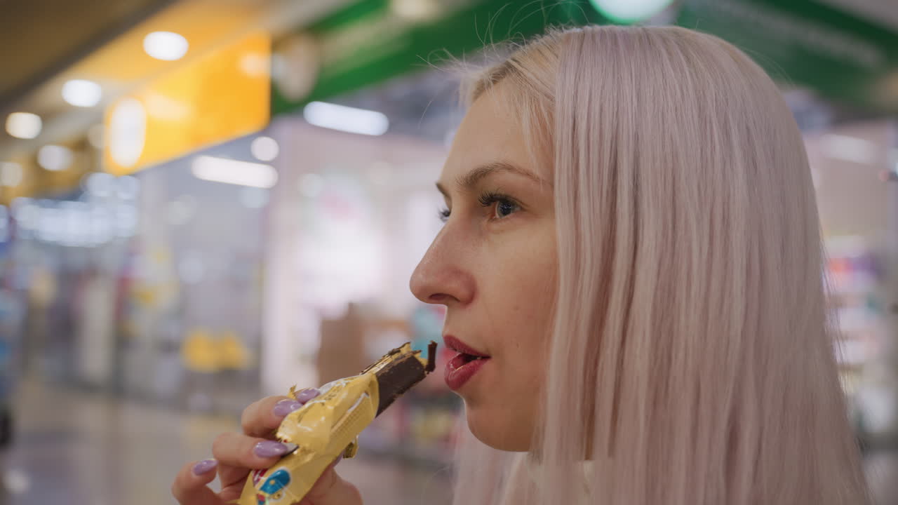graceful lady standing in bright mall interior nibbling chocolate candy bar from wrapper, closeup side view captures delicate lavender nails and natural expression as she enjoys sweet snack break