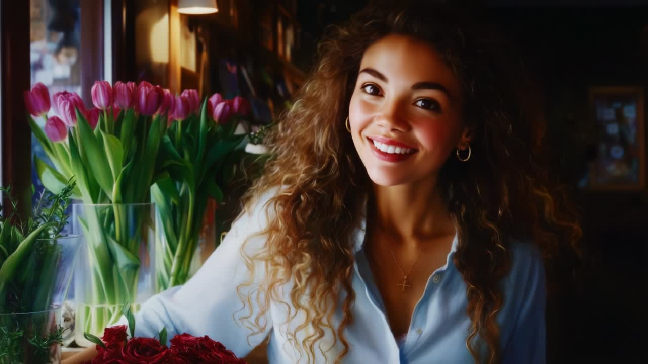 A joyful young woman with curly hair smiles brightly while surrounded by beautiful flowers in a cozy setting, radiating warmth and happiness that captures the essence of tranquil moments and personal connections