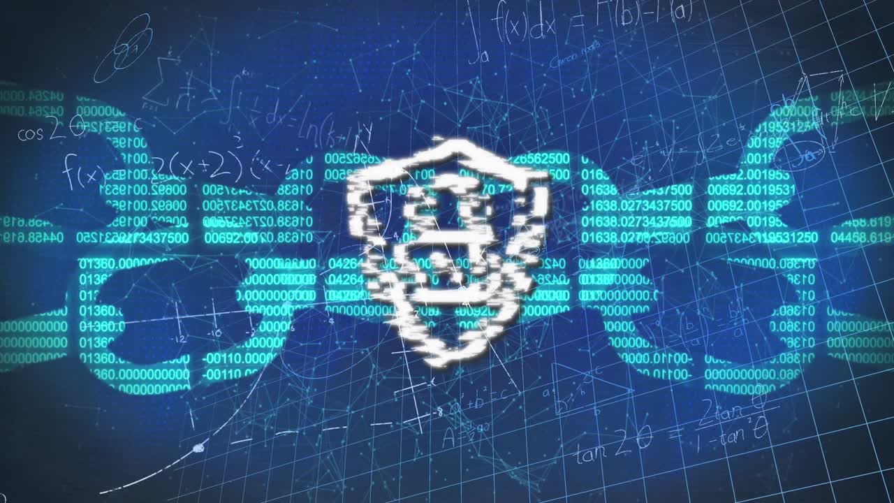 Animation of padlock, chain and data processing over grid
