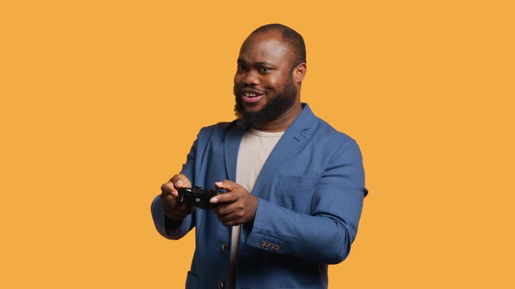 Displeased person against gaming, doing rejection hand gesture