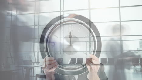 animation of businessman holding clock, time-lapse of people walking against glass window in office