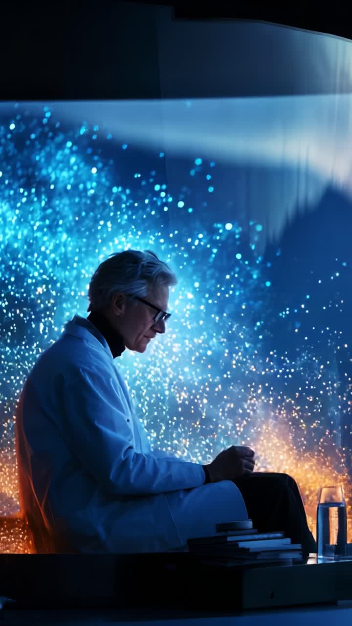 Uno scienziato assorto e pensieroso, intento a leggere sullo sfondo suggestivo di colori vorticosi e particelle luminose, che riflette su idee e scoperte innovative