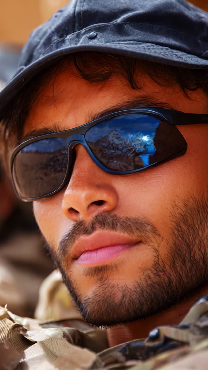 A Calm and Focused Soldier Wearing Sunglasses and a Cap, Captured in Two Distinct Moments, Reflecting Determination and Readiness in a Military Setting