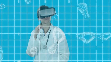 Animation-Einer-Ärztin-Mit-Virtual-Reality-Headset-Vor-Einem-Gitter-Mit-Kartenlinien