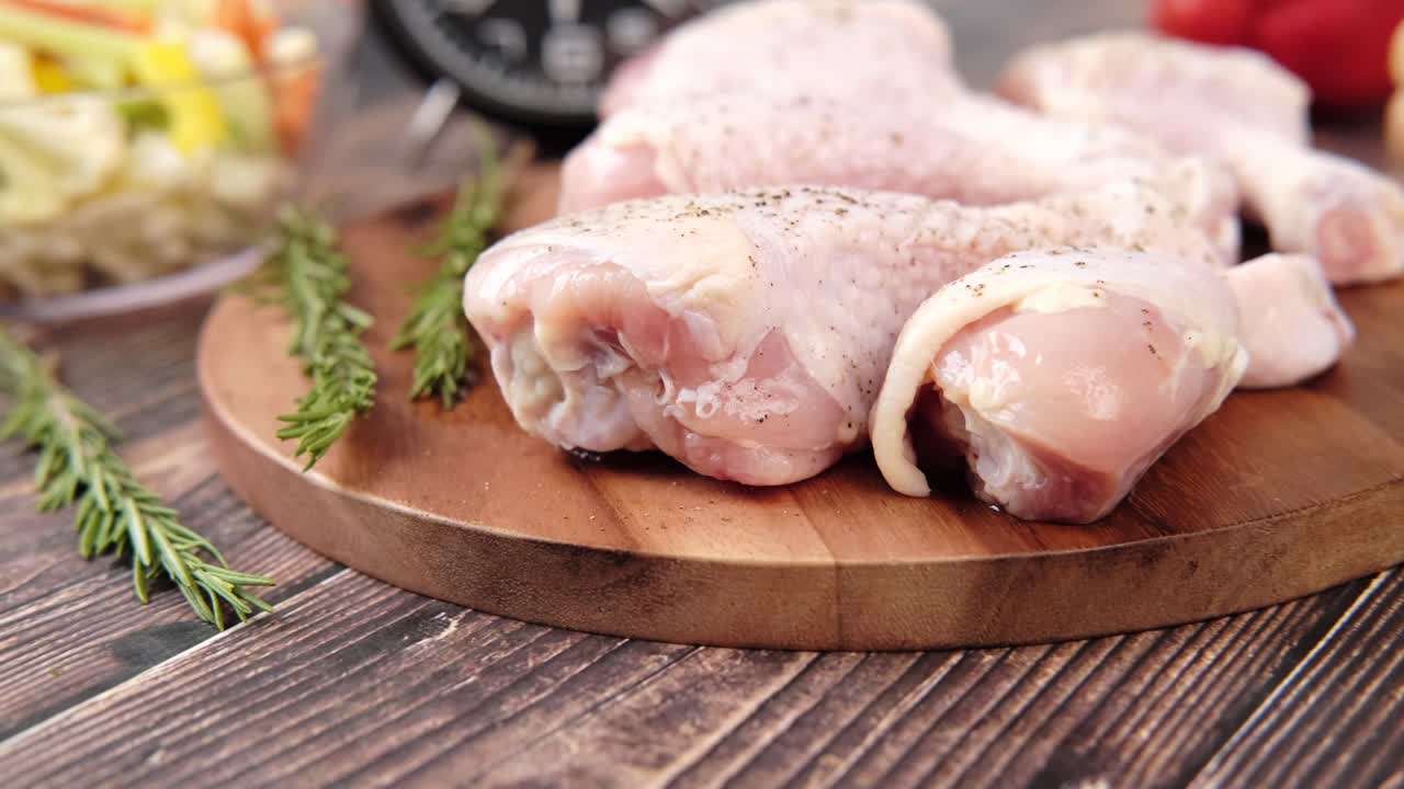 patas de pollo crudas en una tabla de cortar de madera con verduras