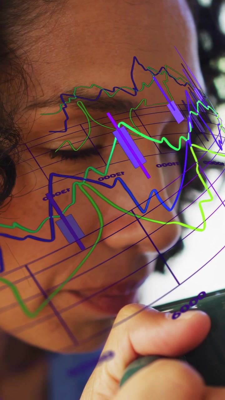 Vertical video: Woman lifting green cup, sipping while reviewing finance chart sweeping across face