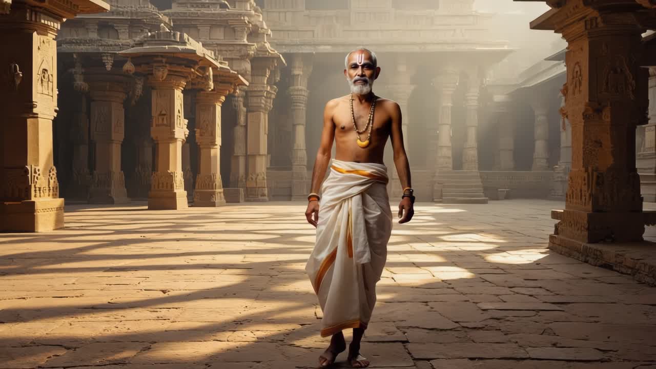 Indian sadhu walking through a temple at sunrise, dressed in traditional attire, embodying spirituality and ancient culture, surrounded by the serene beauty of stone architecture