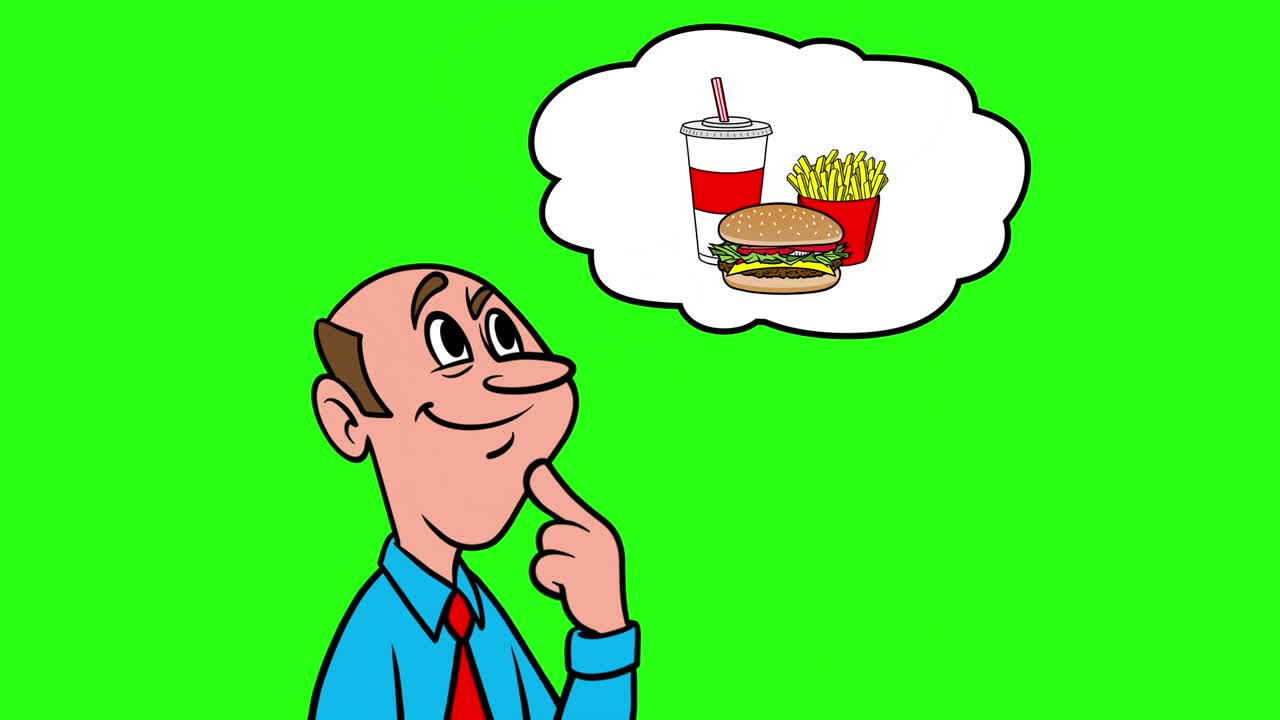 hombre pensando en comida rápida - animación 4k con fondo verde