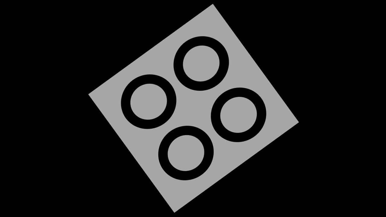 16:9 영상 형식으로 풀 스크린에서 중앙으로 사라지는 크기를 줄여 시계 방향으로 회전하는 스트로보스코픽 및 최면 효과를 가진 흑백 그래픽 객체