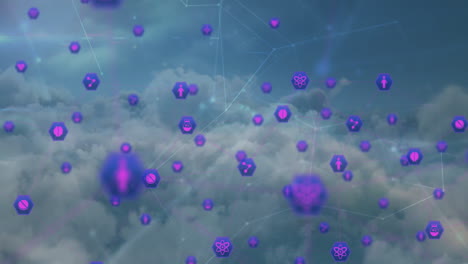 floating purple geometric shapes connecting in animation over cloudy sky