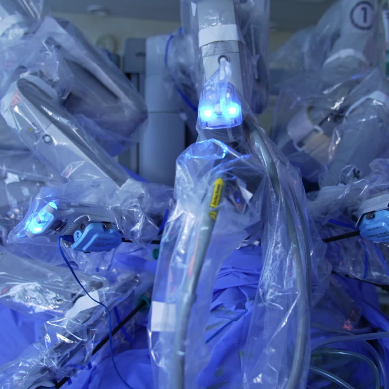 Futuristic Da Vinci equipment conducting minimally invasive surgery. Modern robotic system working cooperating with human surgeon. Close up