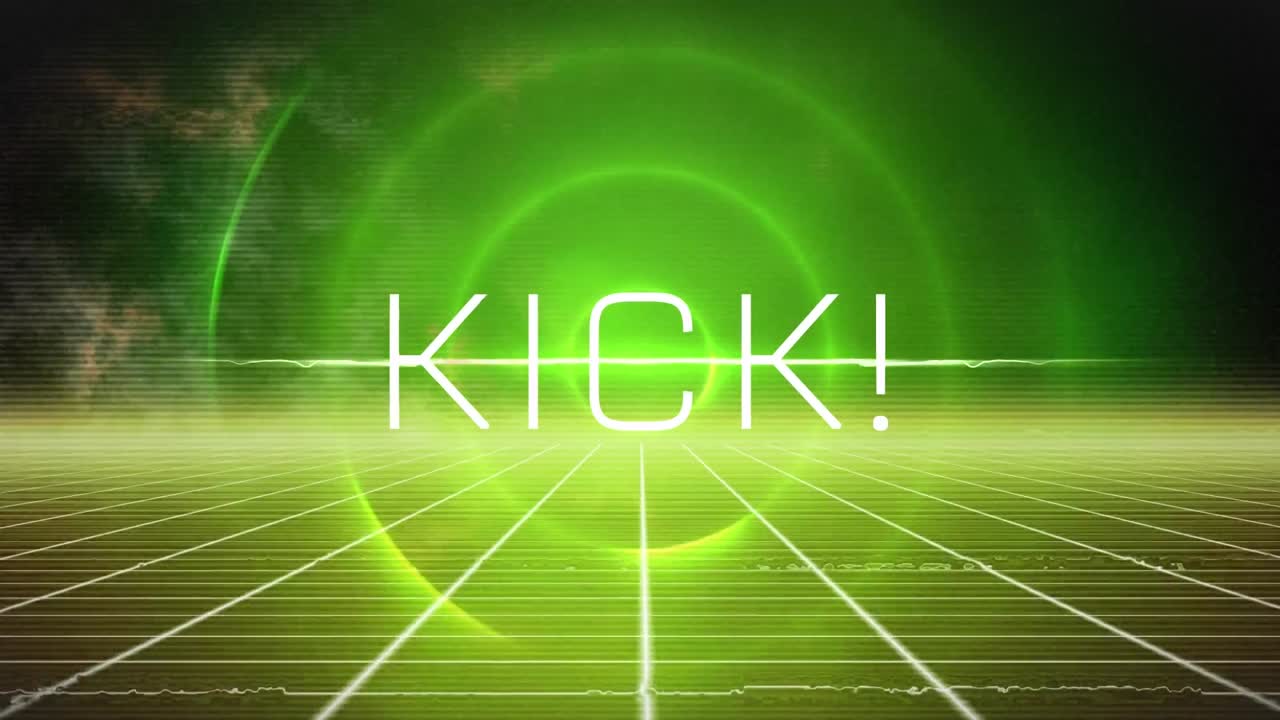 Animation of kick text over circles on black background