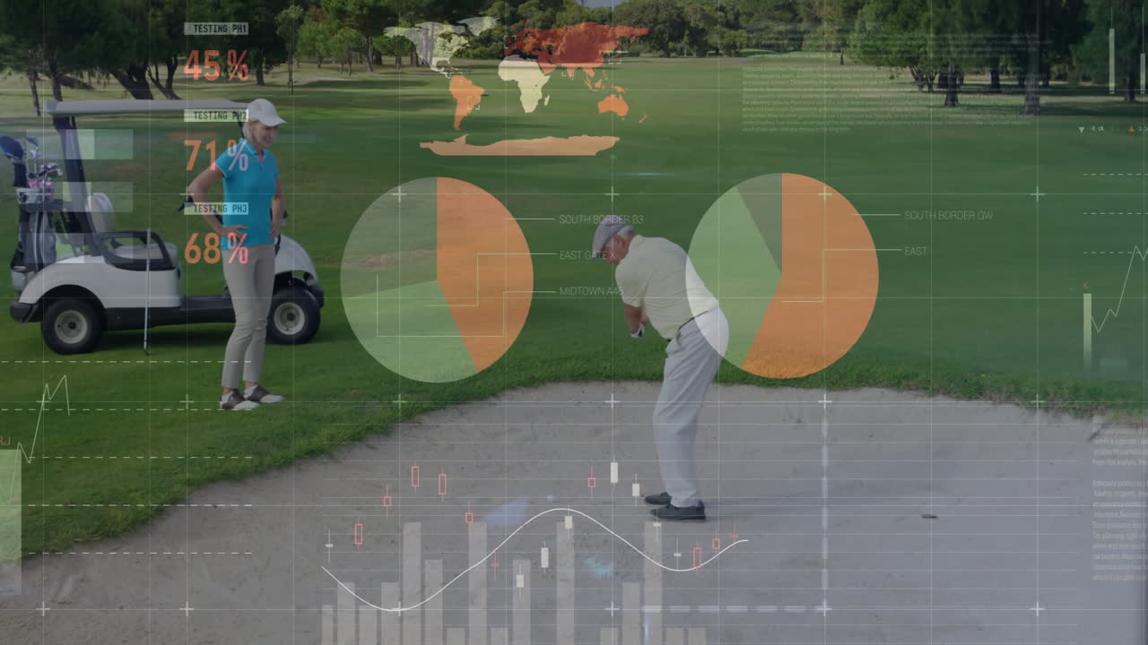 On golf course, golfer preparing swing with animation data analytics overlay