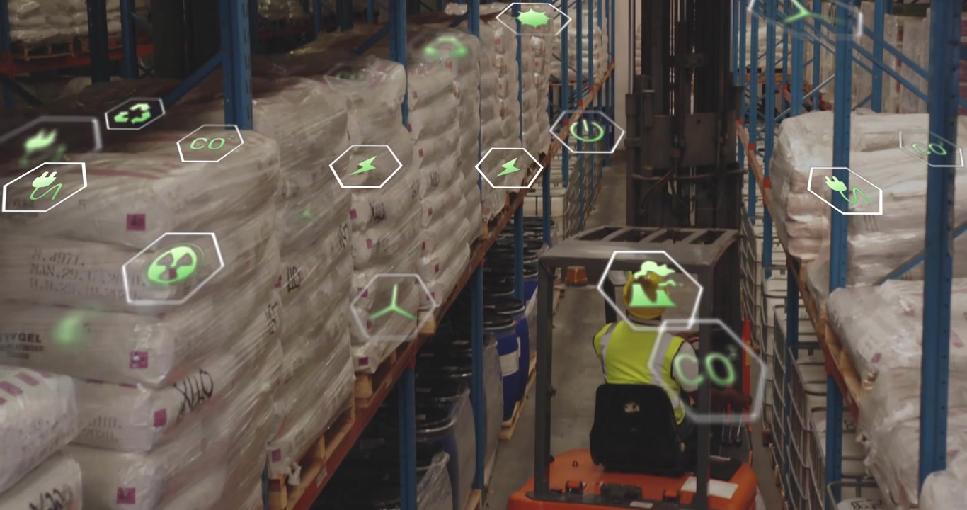 Forklift entering aisle maneuvering between racks activating icons highlighting CO2 energy metrics