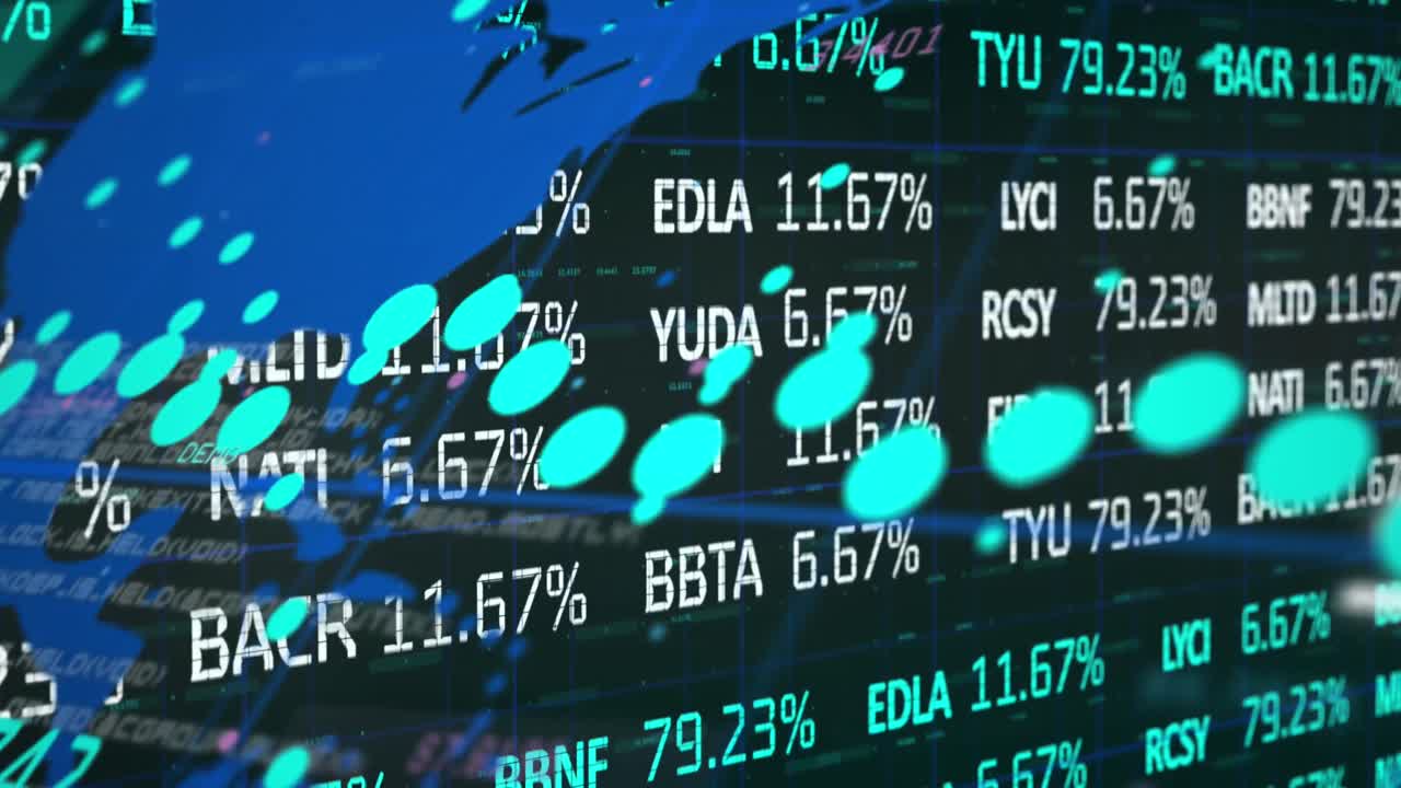 Animation of stock market and data processing with world map on black background