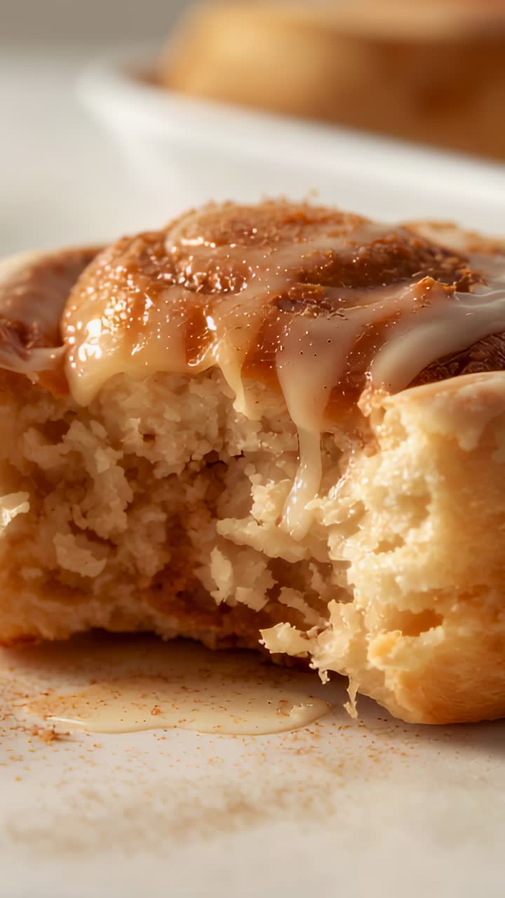 Vertical video: Zooming camera focusing bitten cinnamon roll on plate in kitchen, showing glaze