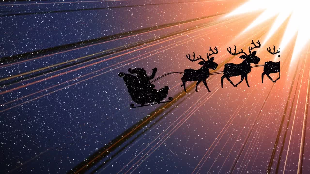 animación de nieve cayendo sobre santa claus en trineo con renos en un fondo colorido