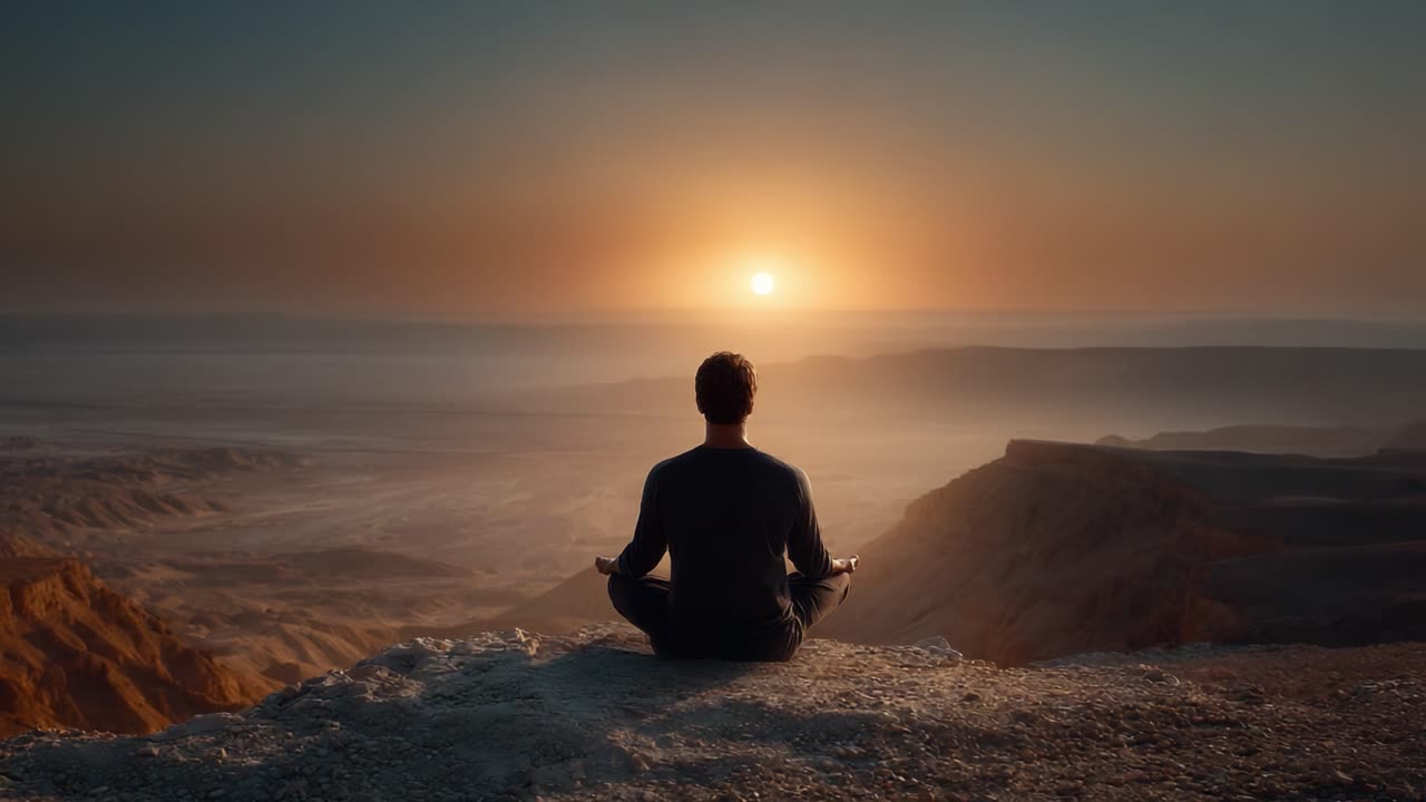 A Serene Journey to Inner Peace: A Person Meditating on a Cliff at Sunrise, Embracing Tranquility and the Beauty of Nature's Awakening