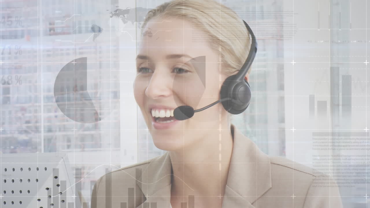 Animação de processamento de dados financeiros e estatísticos sobre empresária usando fone de ouvido