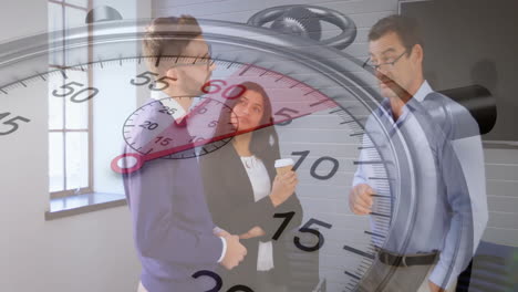 Animation-of-moving-clock-over-diverse-colleagues-having-meeting-in-office