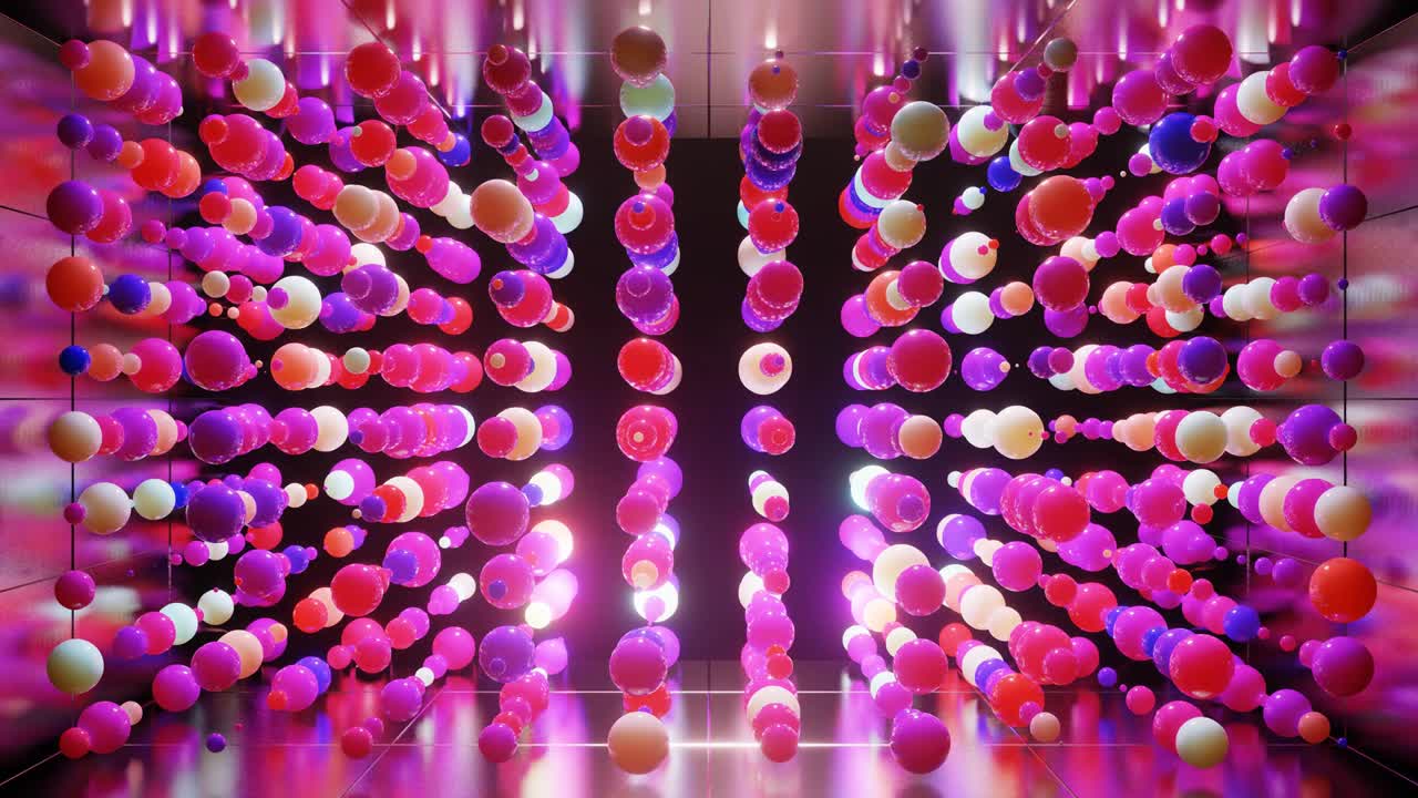 무작위로 빛나고 서로 반사되는 공중의 다채로운 공의 추상적인 구성, 빛의 효과와 함께 간단한 기하학적 어두운 배경으로 공중에서 다채로운 구.