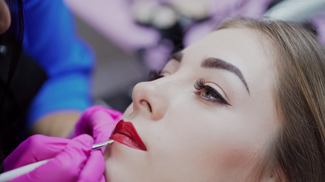 Healthy Spa. Young Beautiful Woman Having Permanent Make-up Tattoo on her Lips. Video of the process
