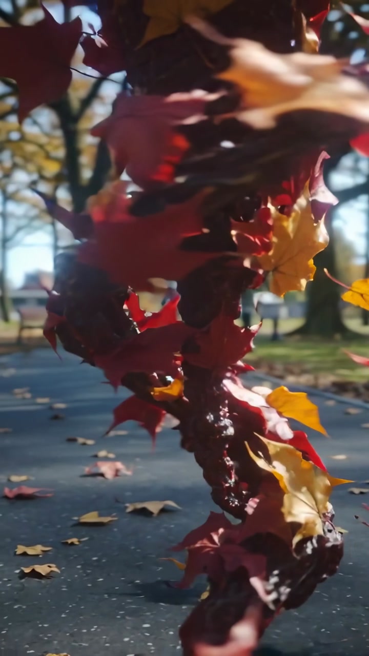 Vertical video: Twisting leaf column glossy coated rotating down path, breeze making leaves fall