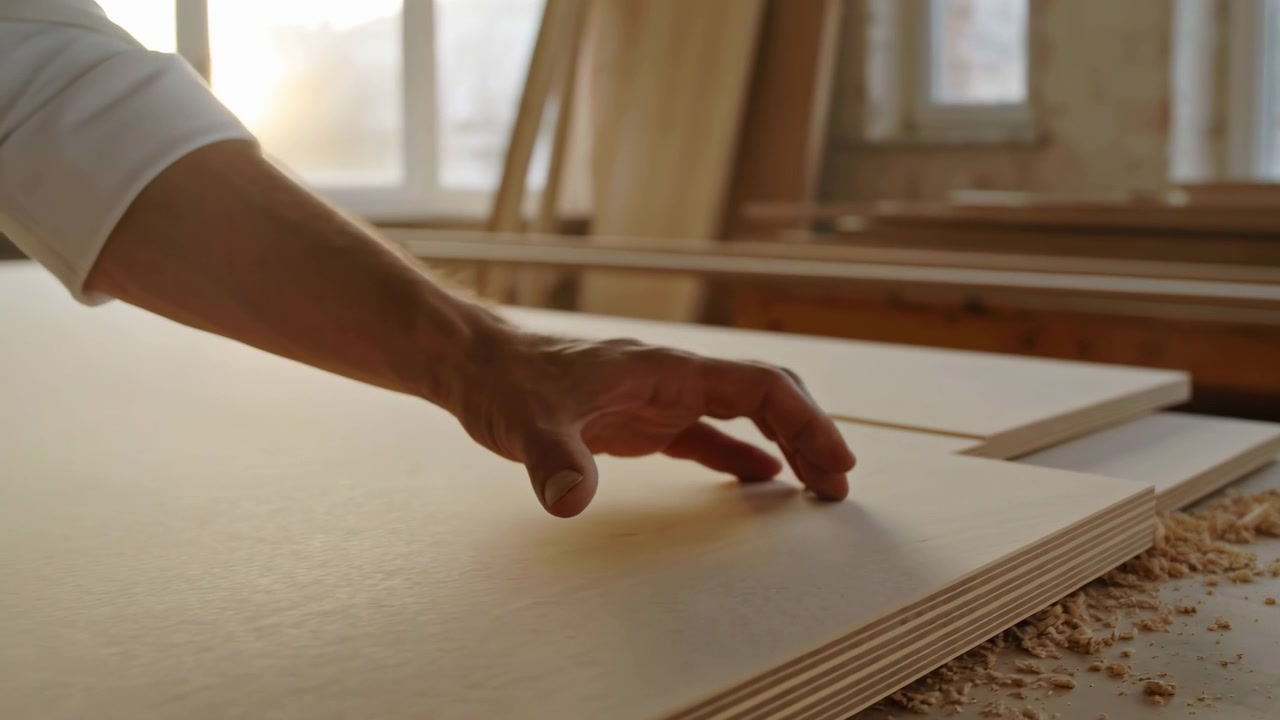 Una vista ravvicinata mostra una mano che scorre su fogli di legno chiaro impilati mentre le dita regolano la posizione, con la superficie di un'officina, illuminazione naturale dalla finestra e piccoli pezzi di legno visibili attorno ai materiali