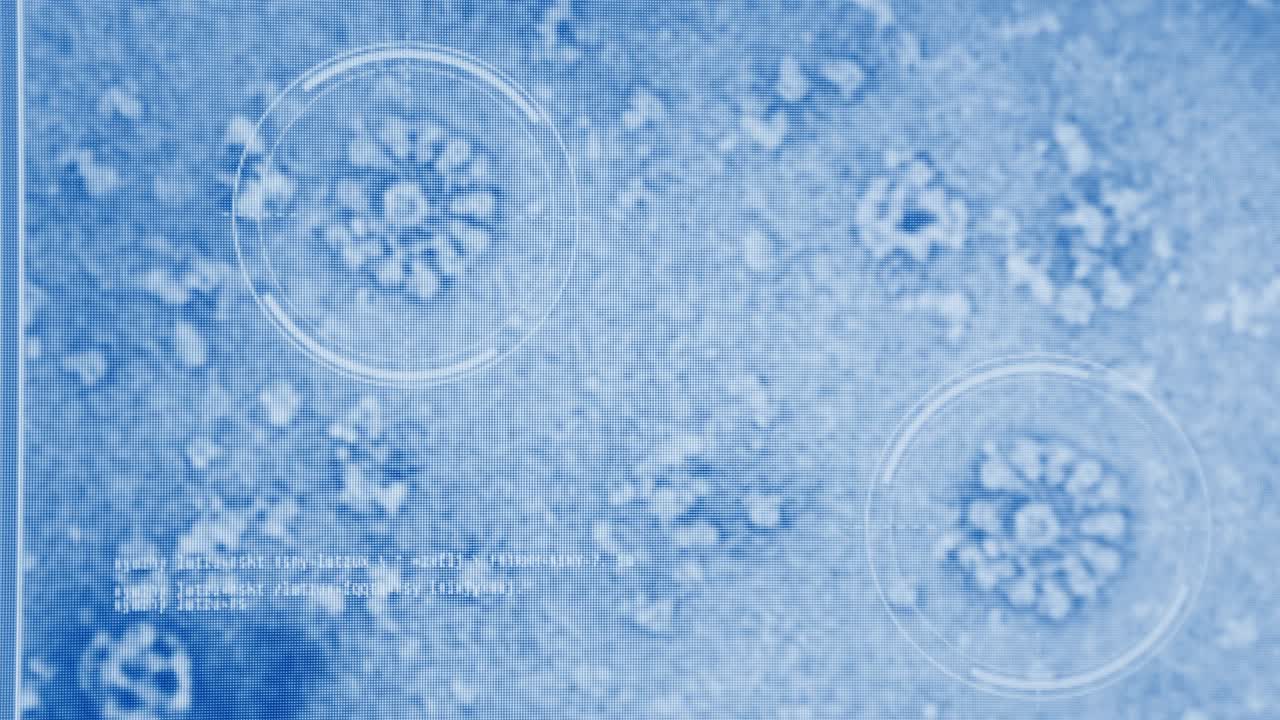 컴퓨터 화면에서 자세한 코로나 바이러스 모델, 미래의 실험실 연구, 화면에서 클로즈업