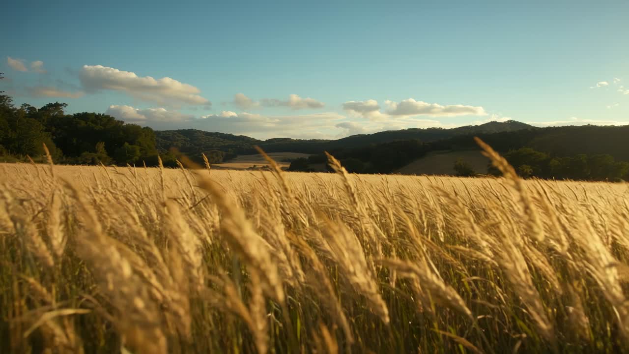 Tilting camera revealing wheat swaying on farm, passing stalk before treeline and sky