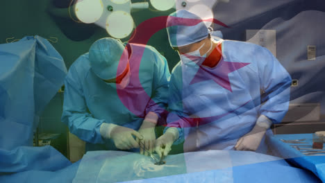 Animation-of-flag-of-algeria-waving-over-surgeons-in-operating-theatre