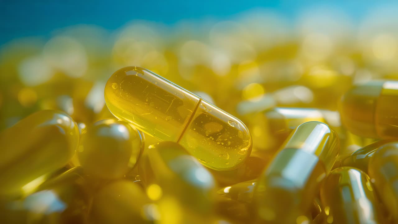 Camera sweeping, capturing single softgel capsule in studio, showcasing translucent yellow softgels
