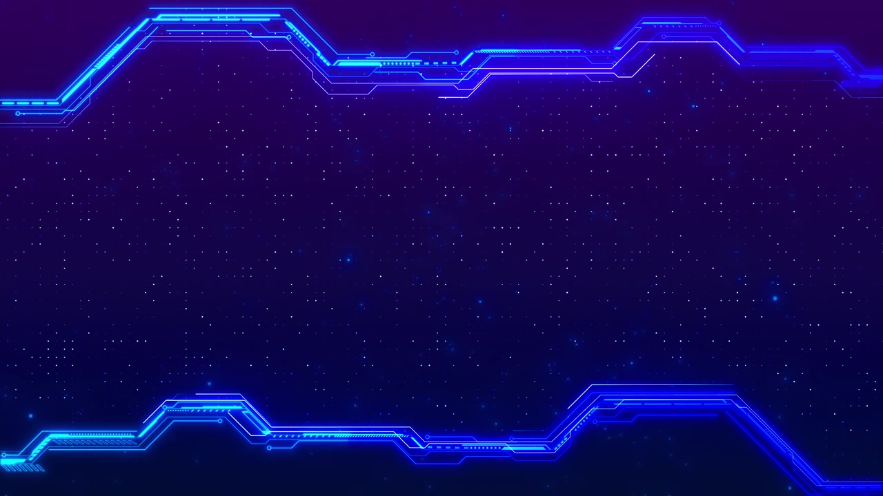 Futuristic neon tech frame visual with electric blue circuit edges dark starry center and clean