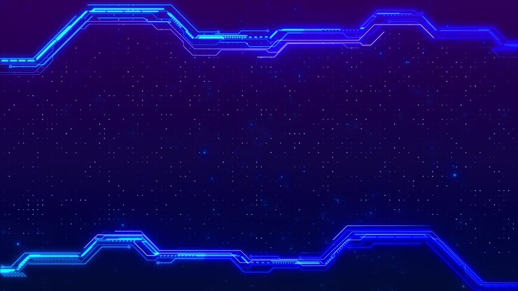 Cornice tecnologica futuristica al neon con bordi di circuito blu elettrico, centro scuro e stellato e un design pulito.