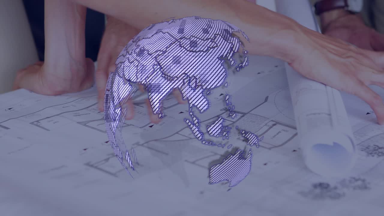 Unrolling plans sparking violet hologram rotating as team hands pointing and adjusting for design