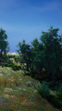 hermoso paisaje forestal con flores rojas