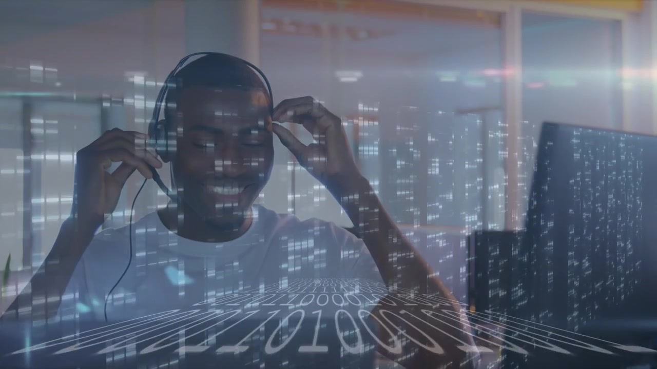 Animation of data processing over african american businessman in office