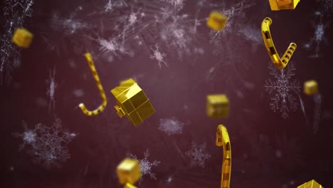 Animation-of-christmas-gold-presents-and-candy-canes-falling-over-dark-background
