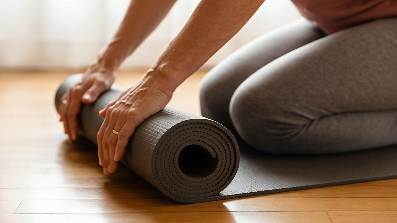 Rolling woman kneeling by window in gray leggings tightening yoga mat after practice, showing ring