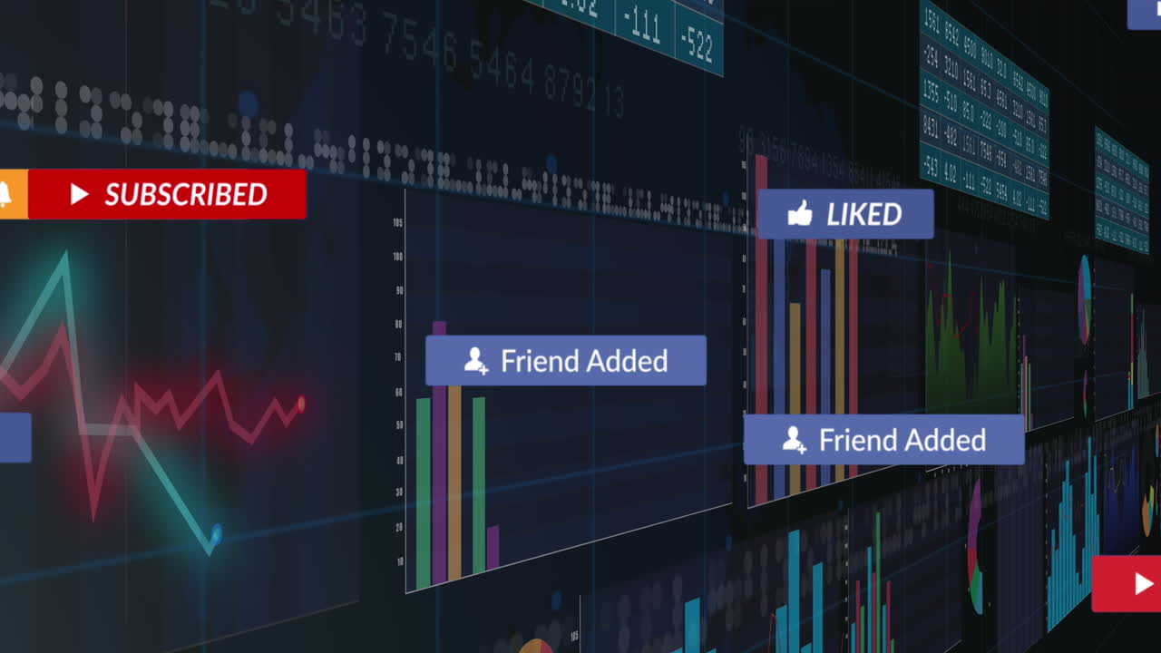 검은색 배경의 데이터 처리에 대한 텍스트와 함께 소셜 미디어 아이콘의 애니메이션