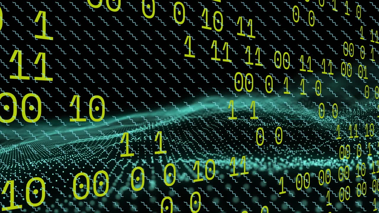 анимация обработки данных двоичного кодирования на синей цифровой волне на черном фоне