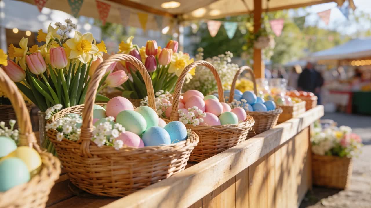 Schwenkende Kamera enthüllt Weidenkörbe mit Pastelleiern, Tulpen am Marktstand, zeigt Frühling.
