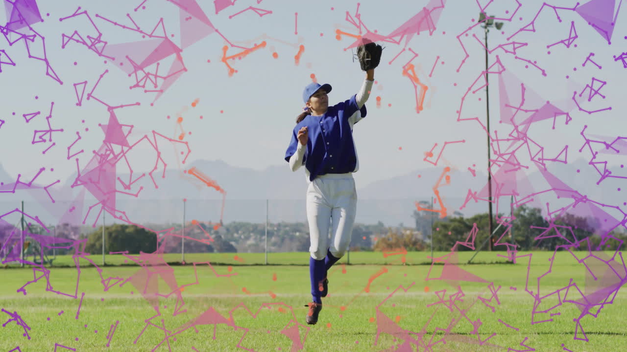 Female baseball player leaping to catch ball on field, mesh patterns visualizing sports tech