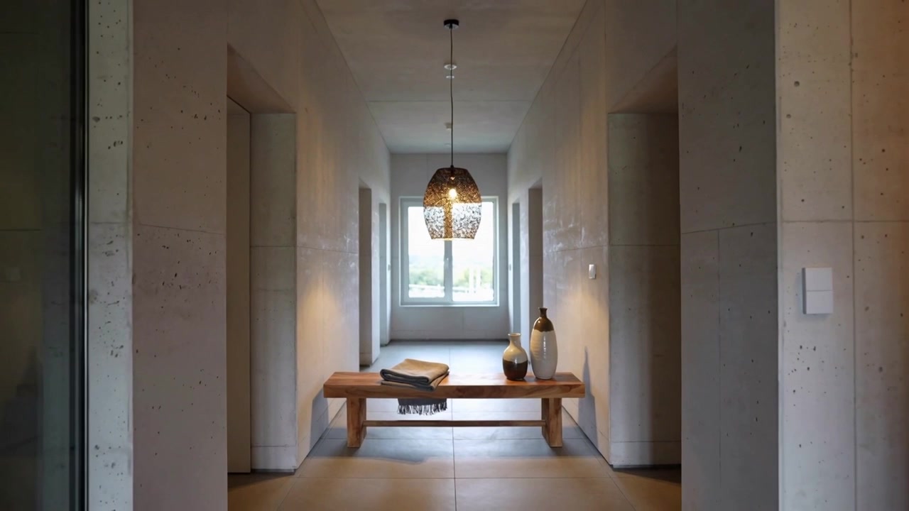 La telecamera si allontana rivelando un corridoio di casa per mostrare una panca di legno con coperta, vasi e una lampada a sospensione.
