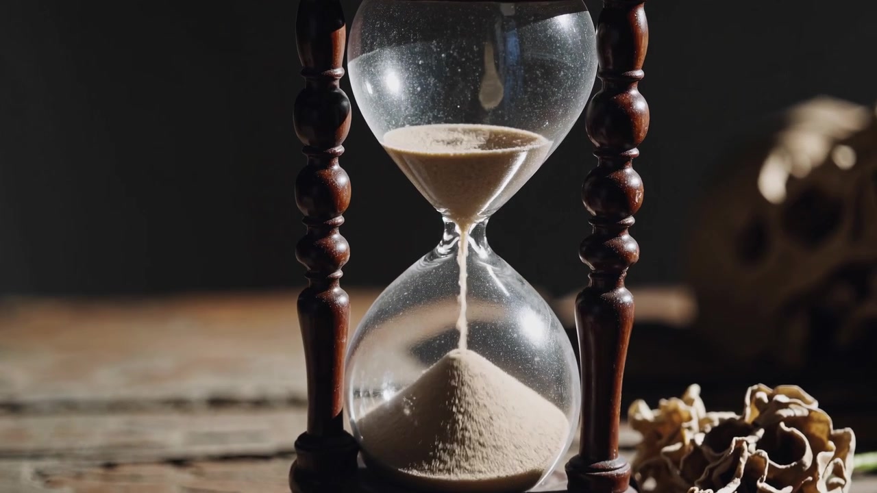 Arena fluyendo en un reloj de arena sobre una mesa de madera con calavera y libro