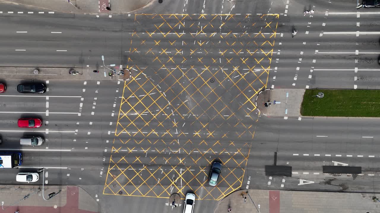Aerial view of large yellow box marking intersection